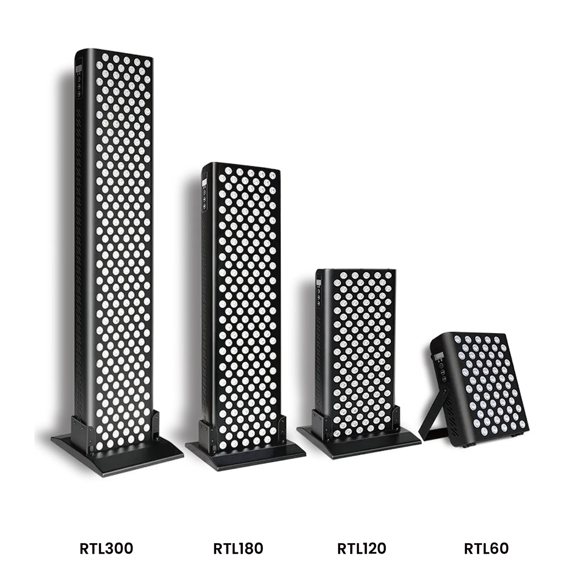 Four black and white LED therapy panels of varying sizes with hexagonal lights on a white background.