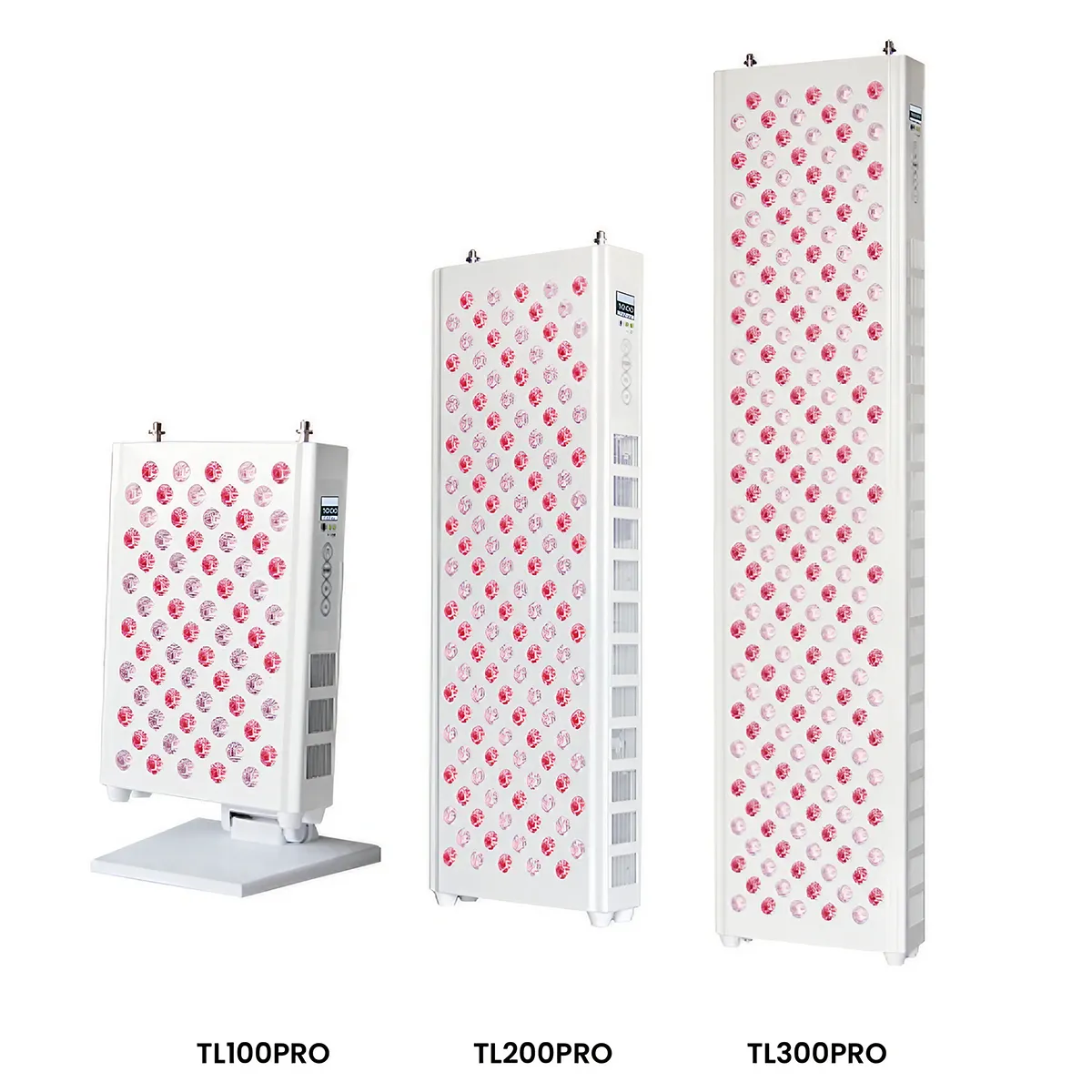 Three red light therapy devices of different sizes labeled TL100PRO, TL200PRO, and TL300PRO.