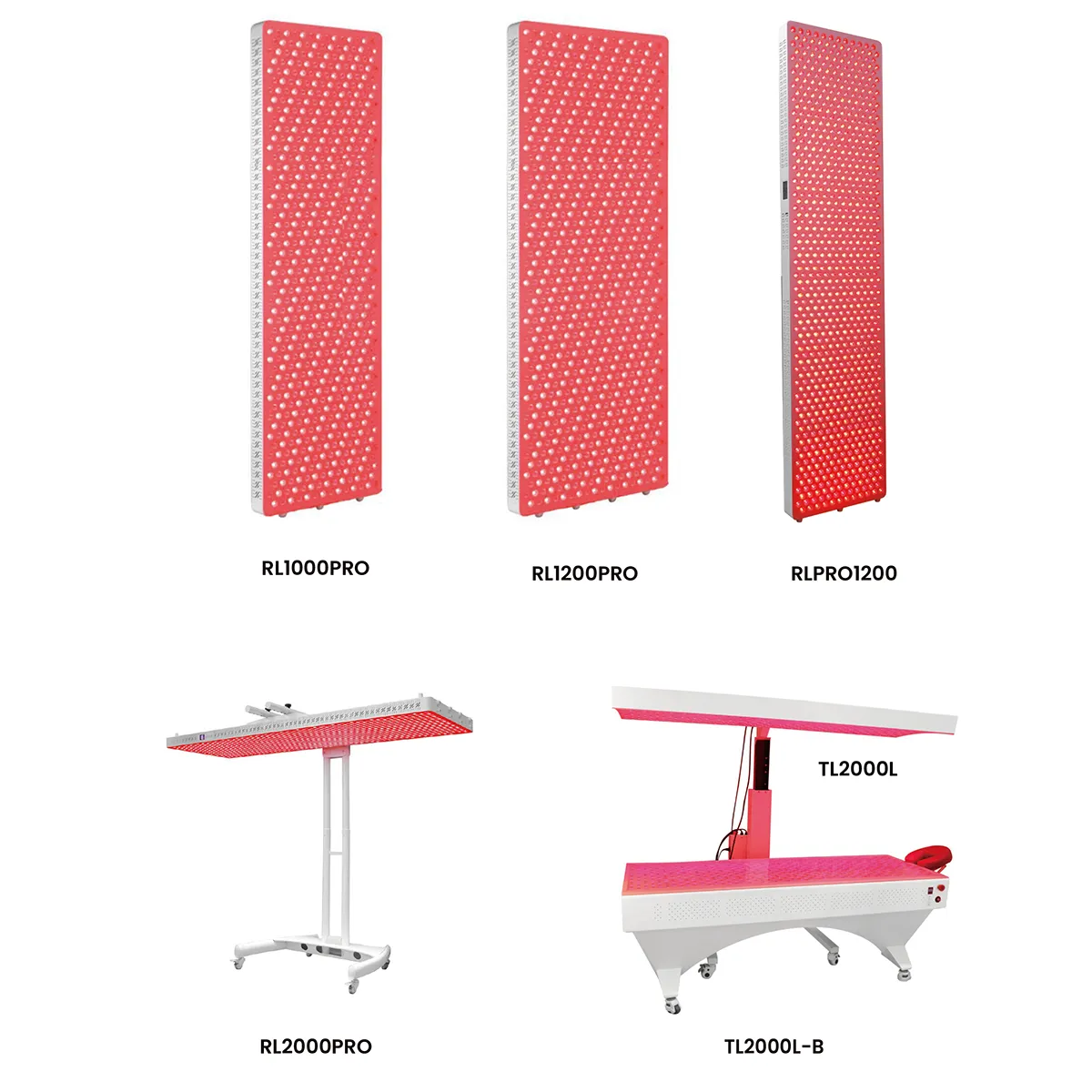 Image showing five red light therapy devices: RL1000PRO, RL1200PRO, RLPRO1200, RL2000PRO, and TL2000L-B.